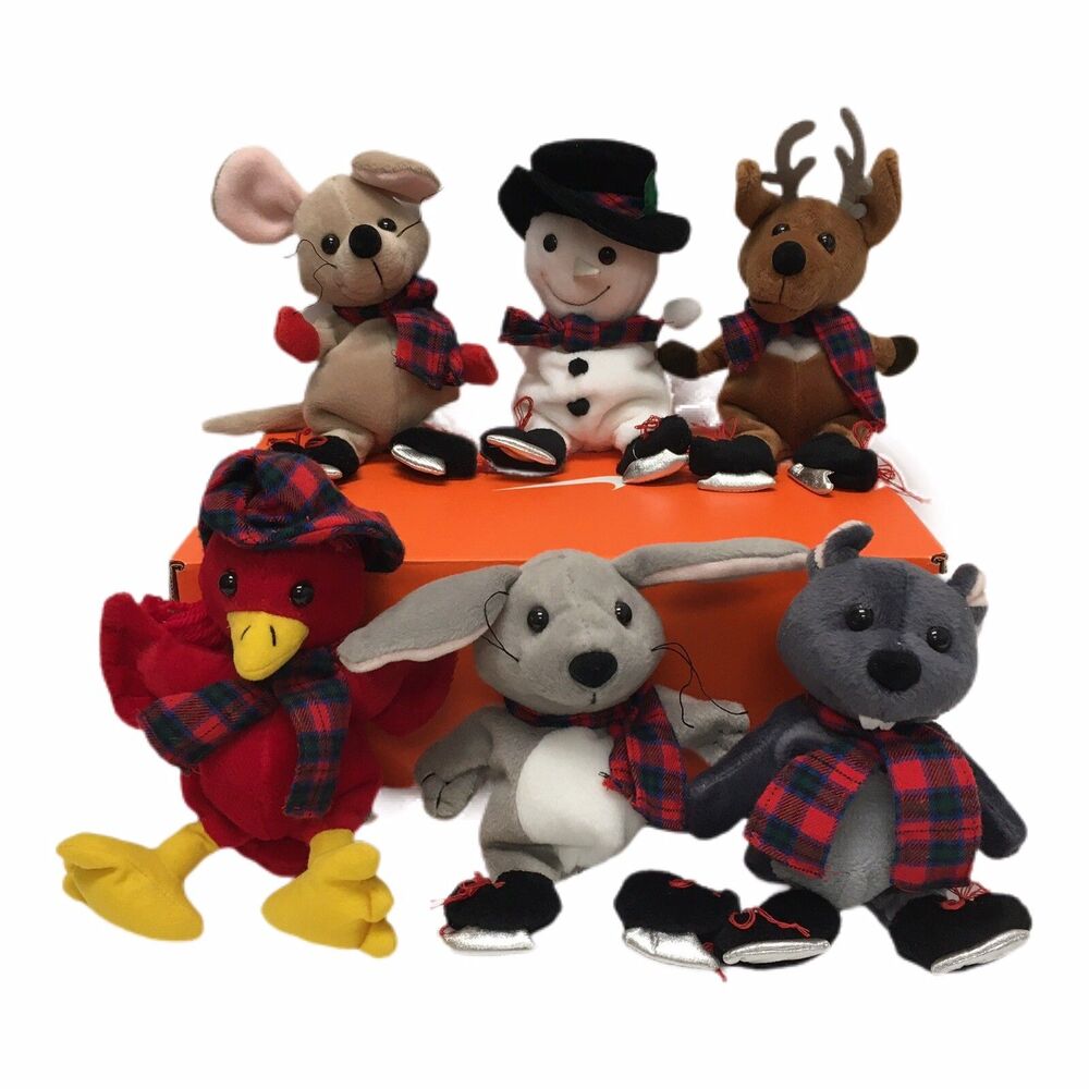 Lot of 6 Commonwealth Snowden Plush Bean Bag Animals Mouse Snowman Reindeer 7-8”